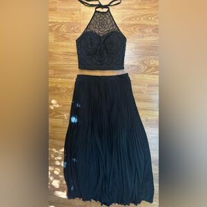 Black Beaded Halter Crop Top and Pleated Maxi Skirt Two Piece Formal Evening Set